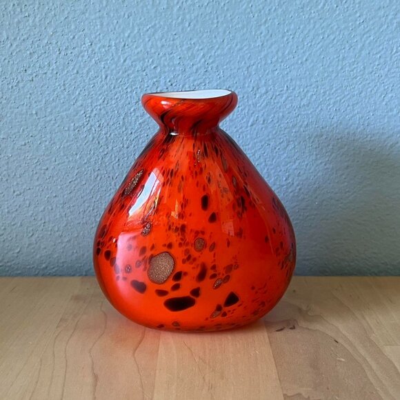 Vintage Hand Blown Orange, Gold, and Black Speckled Glass Bud Vase - Picture 2 of 8